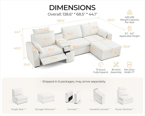 Image of 138.6'' Oversized Power Recliner Sofa with Headrest, Modular Cloud Sectional Couch with Convertible Table, Charging, Drawer, Cup Holder, 4-Seater with Storage Ottoman, Chenille, White
