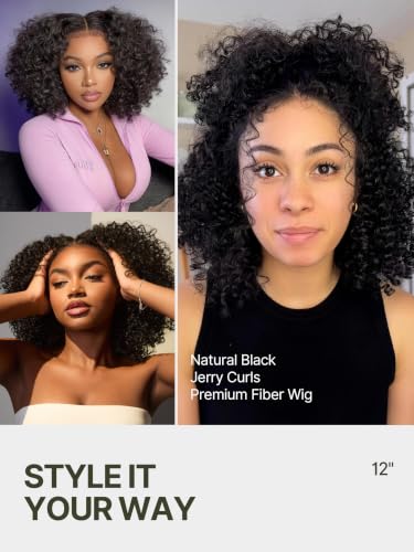 Image of Jerry Curly Wigs 13X6 HD Lace Frontal Glueless Wig 12 Inches | Short Curly Wigs for Black Women 200% Density Headband Wig Natural Black Ready to Go