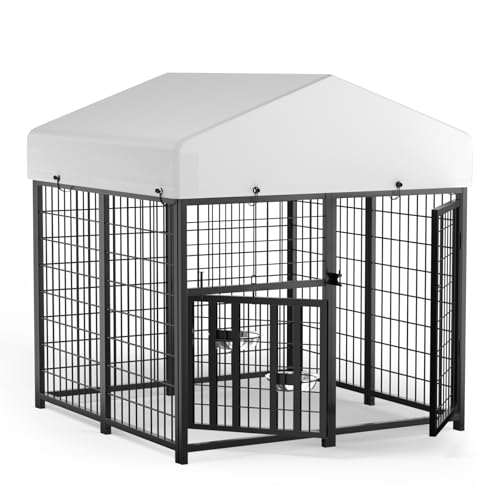 LOVMOR Outdoor Dog Kennel with Roof, Heavy Duty Steel Dog Run Enclosure for Small Dogs, Waterproof...
