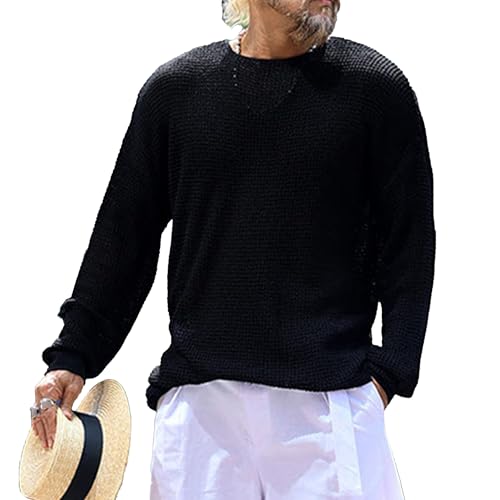 Men's Waffle Knitted Sweater Textured Long Sleeve Crewneck Pullover Male Breathable Stretch Loose Fit Sweaters