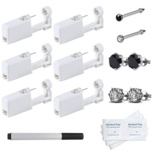 Ear nose Piercing Kit 4 Pack Disposable Ear Piercing Gun and 2 Pack Self Nose Piercings Gun Kit Tool with Marker Pen, black white A