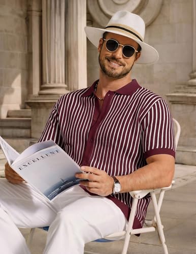Image of COOFANDY Mens Knit Button Down Shirts Short Sleeve Polo Shirt Vintage Striped Casual Shirts