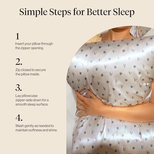 Image of Kitsch Satin Pillowcase with Zipper for Hair & Skin - Softer Than Silk Pillow Cases, Smooth Cooling Satin Pillow Case, Wrinkle-Free Pillow Cases Standard Size - Pearlized Cream & Coastal Blue Print