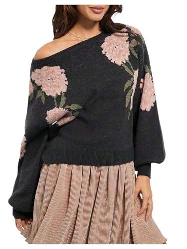 SOLY HUX Women's Vintage Floral Sweater Boat Neck Long Sleeve Knit Casual Pullover Tops