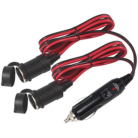 KUNCAN 4FT 12v 2-Way Car Cigarette Lighter Female Socket Y Splitter to Male Plug with Double Socket Outlet, Dual Socket Extension Charger Port Extension Cable, Fuse 15A Cover