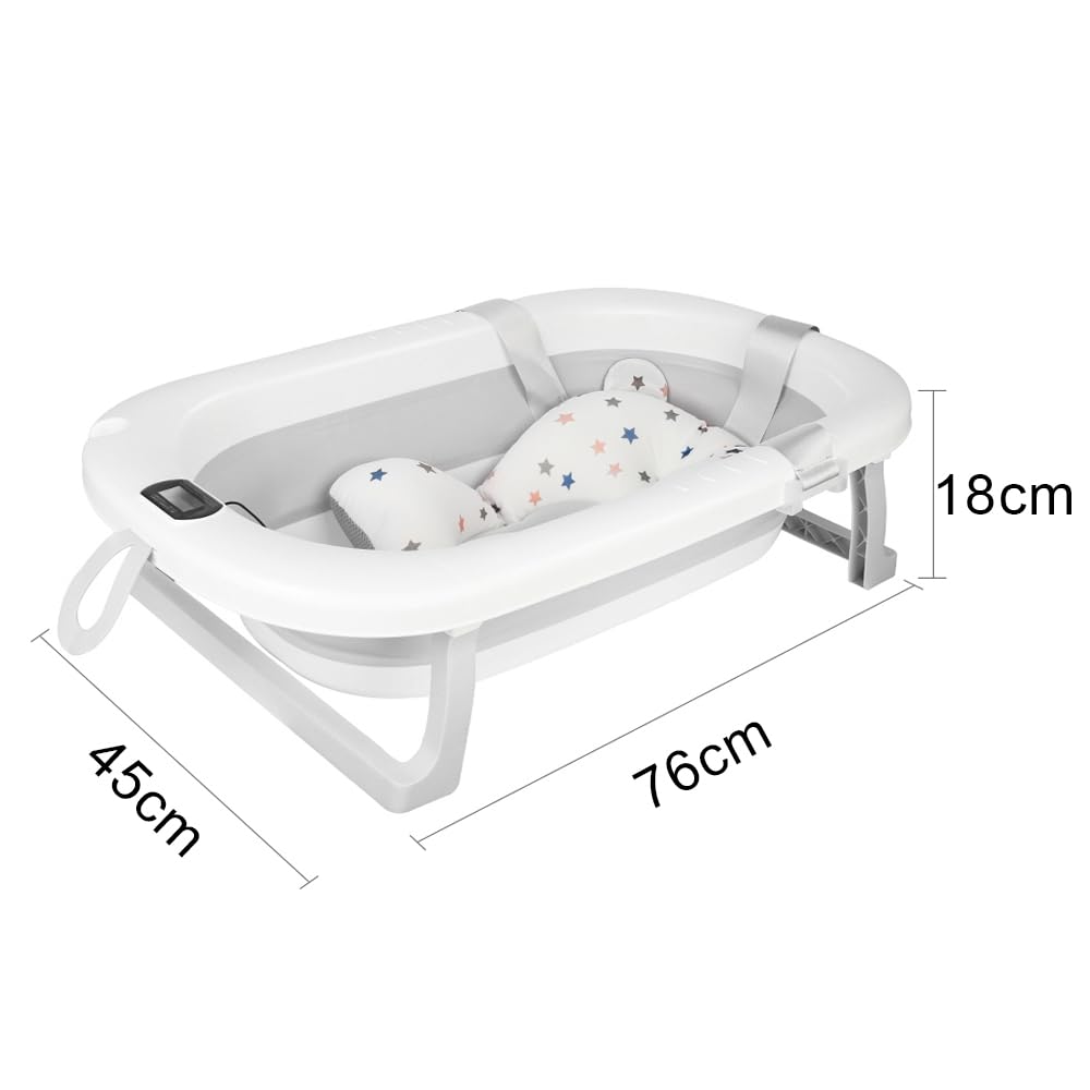 Vasca da bagno per neonati con tappetino da bagno e termometro, vasca da doccia portatile antiscivolo, vasca da bagno pieghevole per neonati bambini, 80 x 50 x 23 cm (grigio)