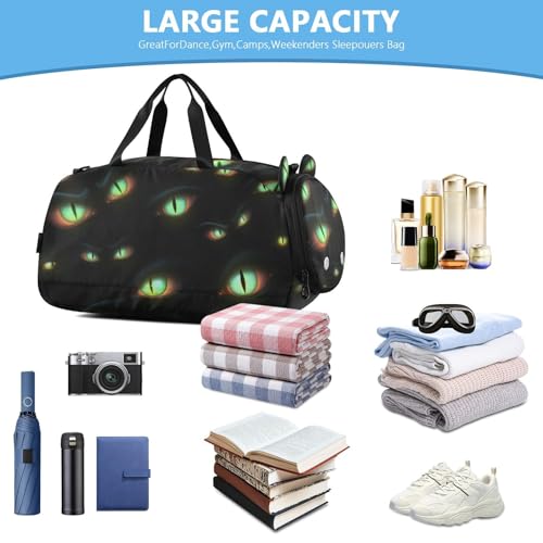 Dark Cats Glowing Eyes Duffle Bag for Girl, Sports Duffle Gym Bags with Shoe Compartment, Personalized Overnight Bag Travel Weekender for Kids3