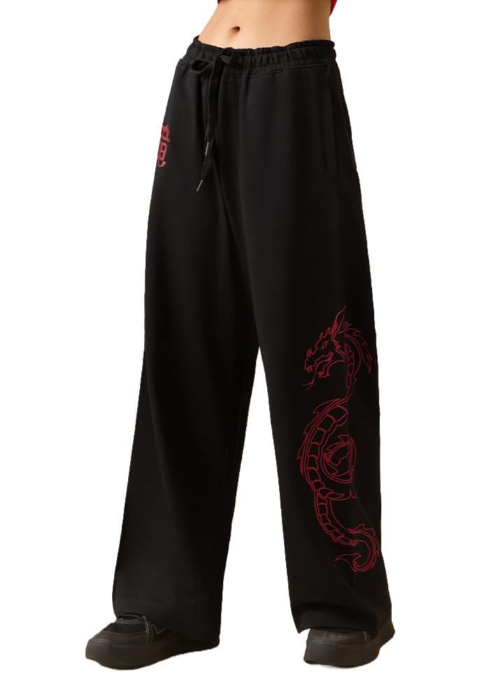 The Souled Store Dragon Women Drawstring Waist Black Embroidered Cotton Knit Straight Fit Lightweight Everyday Jogger with Side Pockets-picture-33