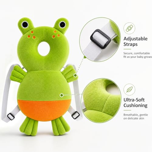 Image of GLUN Baby Head Protector Backpack, Pack of 1 Cute Frog Soft Cushioning, Adjustable Shoulder Belt, Head Protection Back for 6-18 Month Toddler Kids