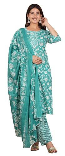 Image of Yash Gallery Women's Cotton Cambric Knee Length Round Neck Floral Printed Embroidered & Checkered Printed Regular Fitted 3 /4Th Sleeve Kurta Pant With Dupatta