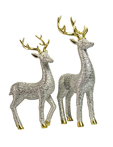 Amoy-Art 2pcs Deco Cerf Figurine Decoration Maison Cadeaux Fait Main Statue Sculpture Décoratif Souvenirs Giftbox Sécurité Peinture pour Enfants Résine Argent 30 cmH