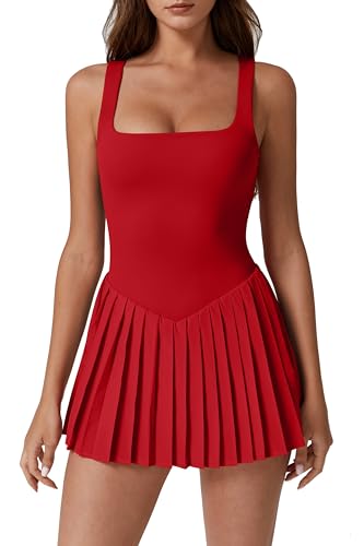 QINSEN Sleeveless Athletic Dress for Women Tennis Dress Built in Shorts Pockets Golf Active Dress Fairy Red S