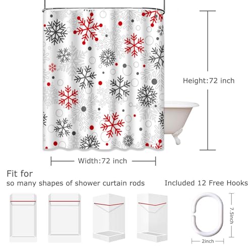 Cortina de ducha de Navidad con copos rojos para baño invernal acogedor 4