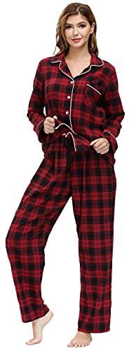 MoFiz Pyjama Femme Coton Ensemble de Pyjama Carreaux Vêtements de Nuit Boutonné à Manches Longues Pantalon avec Poches XXL Cover