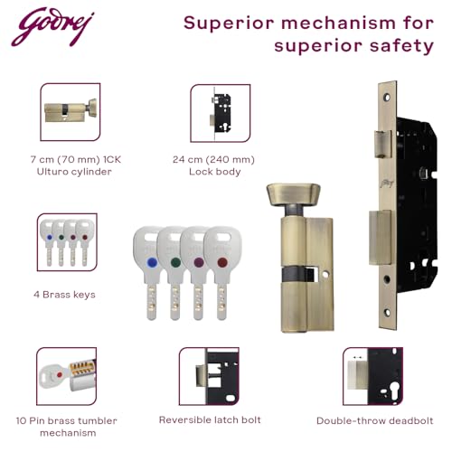 Image of Godrej Mortise Lock | Twist Rossette Home Decor Handle | Antique Brass Finish | 9 Inch Lockbody | 70 mm 1CK Cylinder - Knob from Inside and with 4 Keys| 5 Years Warranty
