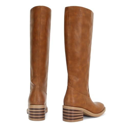 Image of DOEYG Women's Banana Knee High Boots Square Toe Chunky Block Heel Tall Boots Wide Calf Fashion Comfortable Casual Pull on Long Boots