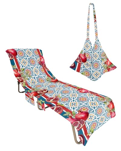 Pomegranate Beach Lounge Chair Towel Cover, Soft Chaise Lounge Towel with Side Pockets Patio Pool Chairs Cover for Beach/Pool Sunbathing 29x85 Red Fruits Blue Yellow Red Geometric