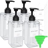Clear Soap Dispenser with Waterproof Labels, Thickened Plastic Hand Soap Dispenser for Bathroom, Kitchen Dish Washing Liquid Bottles, Shampoo and Conditioner Bottles with Funnel (22oz 4Pack Clear)
