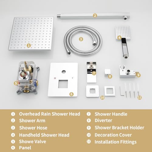 Set de grifería de ducha BWE con rociador de lluvia y ducha manual | Funciones duales, incluye válvula y kit de instalación, montaje en pared, diseño minimalista cuadrado moderno miniatura 5