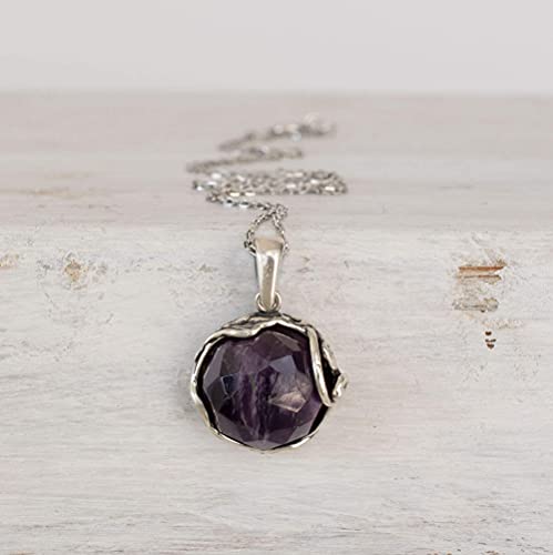 925 Sterling Silver Purple Amethyst Large Pendant; Natural February Birthstone Round Pendant; Unique Jewelry For Women ; Handmade Vintage Style Amethyst Necklace For Classy Women #TOP4