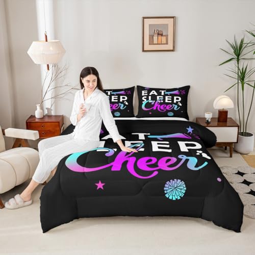 Image of Feelyou Girls Cheerleading Comforter Set Toddler Size for Girls Boys Eat Sleep Cheer Comforter Gymnastics Dancing Lovers Bedding Set Cheer Sports Purple Blue Duvet Set Quilt 2Pcs