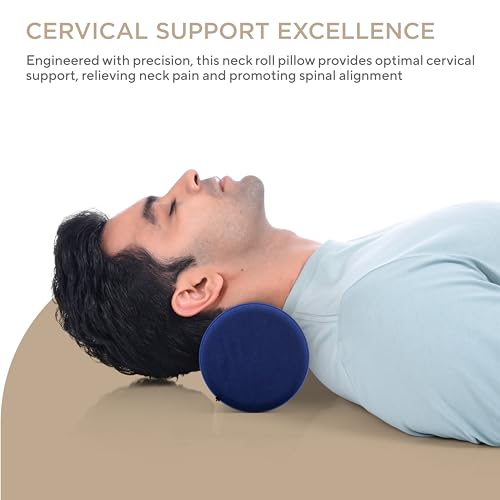 Image of FOVERA Cervical Neck Roll Pillow for Neck Pain Relief - Memory Foam Neck Pillow for Bed | Round Neck Pillows for Sleeping | Bolster Pillow for Bed, Legs and Back (Navy Blue)