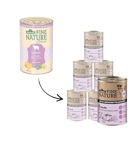 Dehner Fine Nature Hundefutter, Nassfutter getreidefrei / zuckerfrei, für ausgewachsene Hunde, Lamm / Kartoffel, 6 x 400 g Dose (2.4 kg)