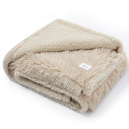 Calming Dog Blanket,Waterproof Long Faux Fur Pet Blankets for Medium Puppy Cat Reverible Sofa Couch Covers Washable Pets Ded Cover Cream S-40x28in