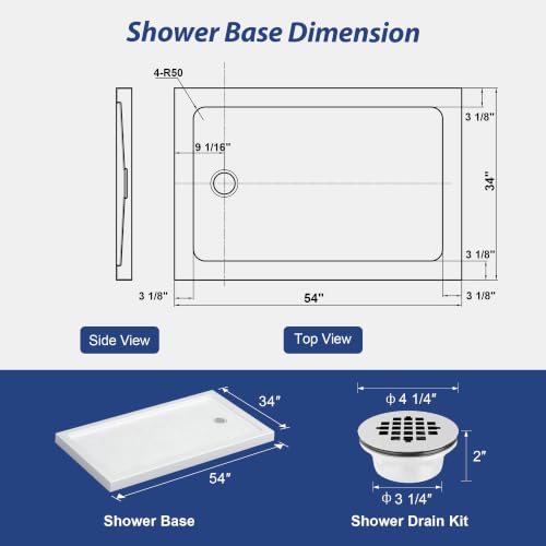Image of KPUY 54'' L X 34'' W Shower Base Pan with Reversible Install, White