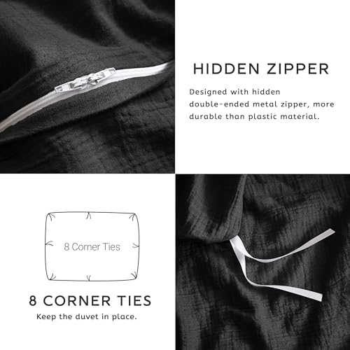 SE SOFTEXLY Muslin Duvet Cover Queen Size, 100% Washed Cotton Duvet Cover Set, Ultra Soft Comforter Cover Linen Like, 3 Pieces Minimalist Gauze Duvet Cover with 2 Pillowcases, 90"x90", Black