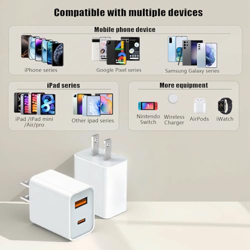 2 Pack USB C Charger Block, for iPhone Charger Block,20W Durable Dual Port PD+QC 3.0 Power Adapter,Power Adapter Cube for i Phone 16/16 Pro/16 Pro Max/16 Plus/15/14/1 3, XS/XR/X,Samsung, More