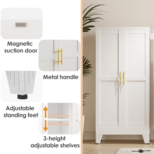 Image of PAOFIN 47 inch Kitchen Pantry Cabinet, Metal Storage Cabinet with 3 Adjustable Layer Shelves, 8 Door Shelves, Buffet Sideboard for Living Room, Kitchen, White