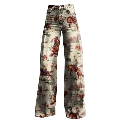 Women's Flare Jeans Wide Leg Baggy Pant Vintage Floral Printed High Waisted Straight Stretch Pants with Pockets2