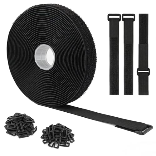Adjustable Cable Straps 5m x 2cm with 30 Buckles Self Adhesive Tape Strips Reusable Cable Ties for Wire Cord Cable Management Wire Organiser Cord Organiser Black