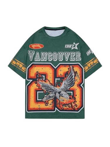 WDIRARA Men's Eagle Letter Graphic Street T Shirt Oversized Short Sleeve Crewneck Tee Top Green Medium