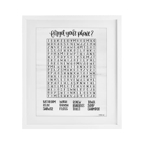 Stupell Industries 'Forgot Phone Bathroom Wordsearch'�A�t���[���v�����g�A���_�[�K���X���A�z���C�g�A13×16�C���`�A�|���₷�����A�č����AImperfect Dust��