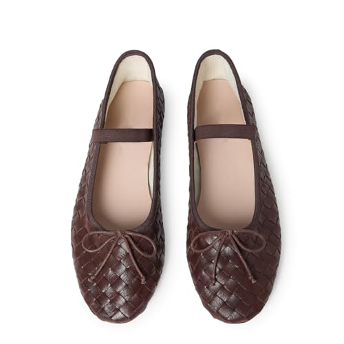 Womens Woven Ballet Flats with Bow Round Toe Slip on Mary Jane Flats Ladies Fashion Elastic Strap Ballerina Shoes
