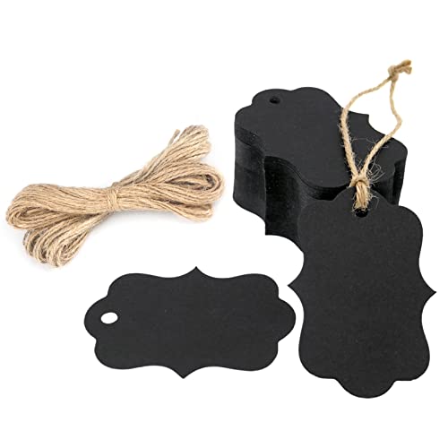 G2PLUS Blank Gift Tags with String, 100PCS Kraft Paper Hang Tags, Black Paper Gift Tag, 2.8X2 in Hanging Price Tag for Gifts Wrapping, DIY Arts & Crafts, Christmas, Merchandise