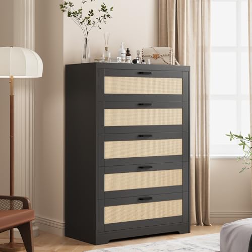 GarveeHome Rattan Dresser, Tall Chest of Drawers, Wood Dresser for Bedroom, Closet, Living Room, Hallway (Black Natural, 15.8" D x 31.5" W x 47.2" H (5 Rattan Drawers))
