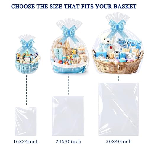 Image of PigPotParty Cellophane Bags for Gift Baskets, 16x24 in, 10 Pack, Blue Bows | Thick clear OPP holds shape; seamless bottom resists tears; easy-to-use large pull bows save time and add a polished finish