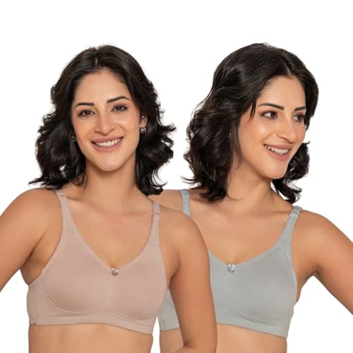 Image of INKURV Seamless Non-Padded Bra for Women | Non-Wired Cotton Full Coverage T-Shirt Bra | Thin Adjustable Straps | Double Layered Cups | Anti Sag Lift Up Support | Luna Combo of 2