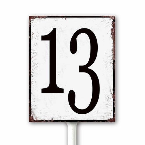 Aluminum Number Sign 13 Metal Numbered Yard Sign With Stake Outdoor for Tennis Court, Parking Lots, Floor, Dock, Court, Aisle, Field, Farm 12x15 CM High Visibility Rust Free (Retro White)