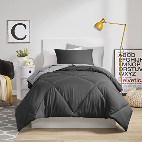 Image of Comfort Spaces Vince Reversible-Bed In A Bag - Trendy Casual Geometric Quilted Cover, All Season Down Alternative Cozy Bedding, Matching-Sham, Twin XL, Reversible Black /Gray 6 Piece