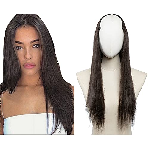 Straight U Part Wig Black Brown Synthetic Hair Extensions Clip in Long Full Head Hair Pieces for Women 20 Inch SARLA