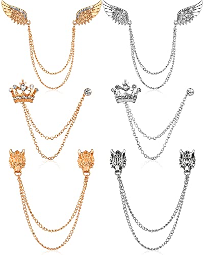 6 Pieces Tassel Chain Brooch Collar Pins Wedding Brooches Collar Pins Wings Wolf Head Crown Lapel Suit Shirt Tuxedo Accessories for Wedding Anniversary Halloween Birthday Party Office