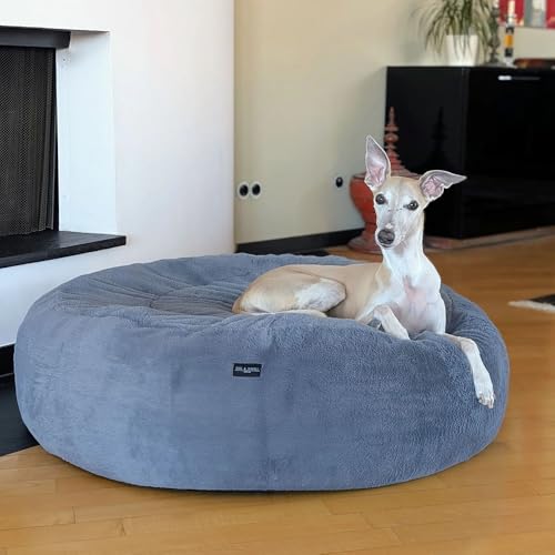 EDEL&SCHNELL orthopädisches Luxus Hundebett, rund aus hochwertigem Kunstfell, Hundekissen waschbar mit extra Höhe für Whippets, Windhunde, Ridgeback Viszla und Co. (100 cm)