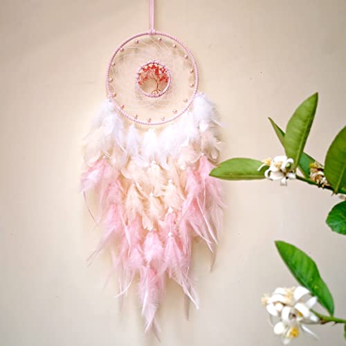 Dream Catchers, Pink Dream Catcher Tree of Life Wall Decor, with Natural Healing Crystal Stone, Perfect Pink Crystal Handmade Dreamlike Dream Catchers for Girls Bedroom Decor Art Craft Gift - Image 6
