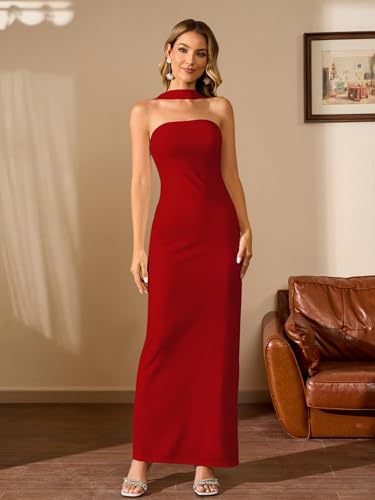 Image of HTZMO Women Elegant Summer Bodycon Maxi Dress Halter Neck Formal Wedding Guest Cocktail Party Long Dresses
