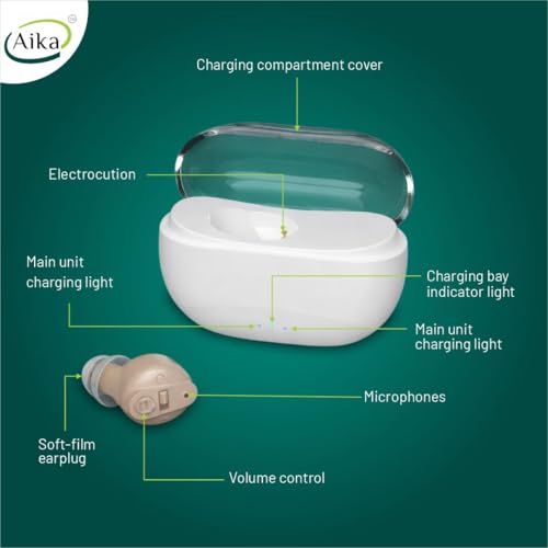 Image of Aika Mini Rechargeable CIC Digital Hearing Aid Sound Amplifier Machine for Old age with Auto Noise Cancellation, Clear Sound and Dry Kit (For Single Ear, Beige)