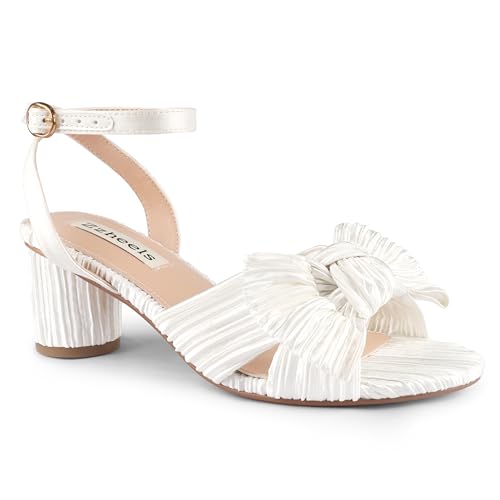 Zzheels Women's Bow Heeled Sandals Open Toe High Block Ankle Strap Chunky Heels Bride Wedding Shoes White US8.5